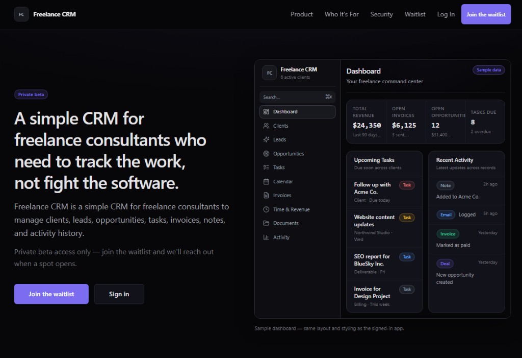 Freelance CRM marketing landing page and sample dashboard