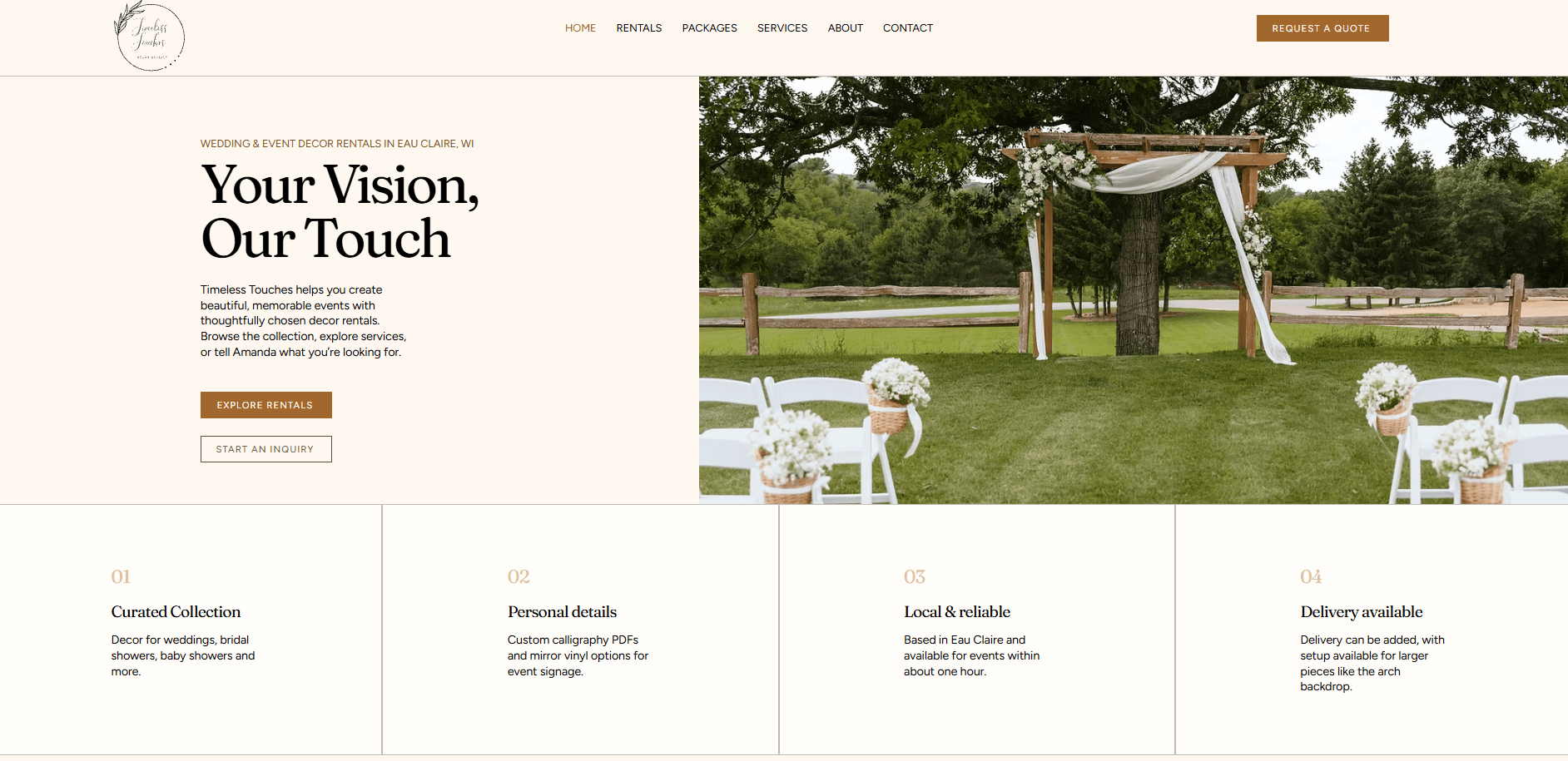 Timeless Touches homepage showing wedding and event decor rentals with an outdoor ceremony setup