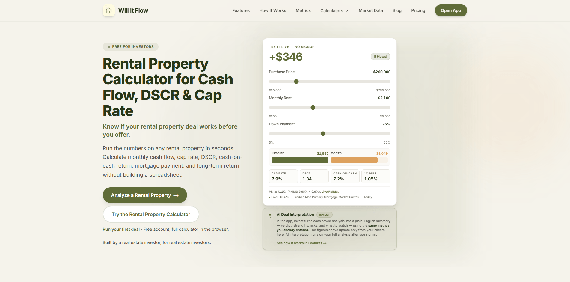 Will It Flow homepage with the rental property calculator and cash-flow preview