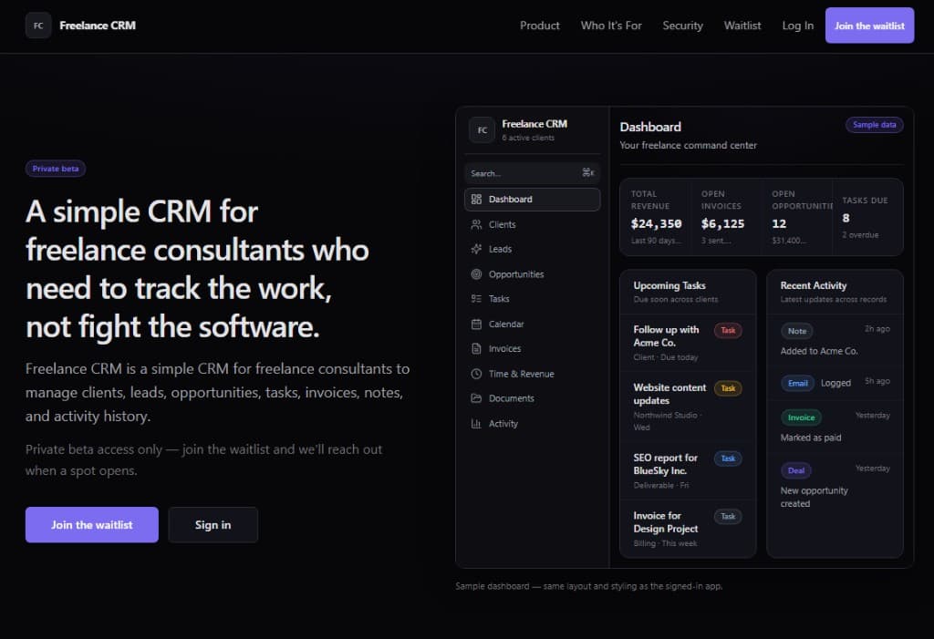 Freelance CRM marketing landing page and sample dashboard